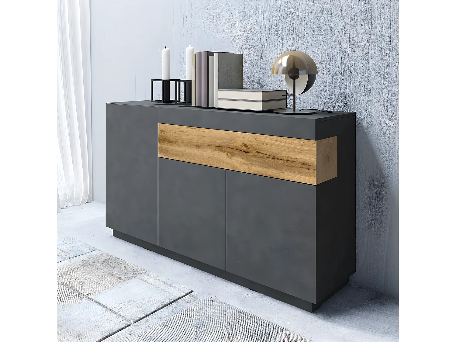 Buffet 3 portes 1 tiroir Andrea Gris anthracite et Bois