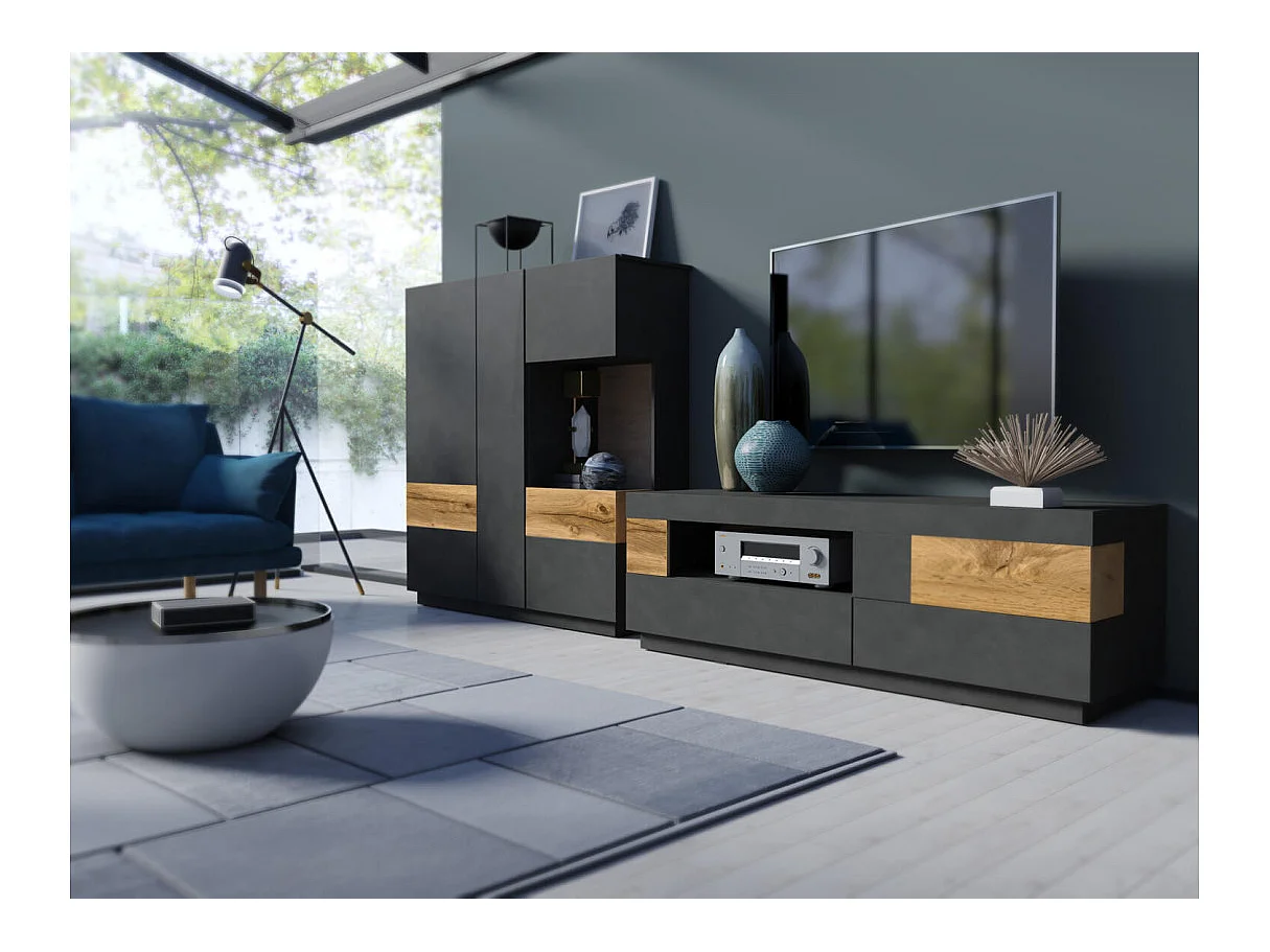 Sideboard 3 Türen 1 Schublade Andrea Anthrazitgrau und Holz