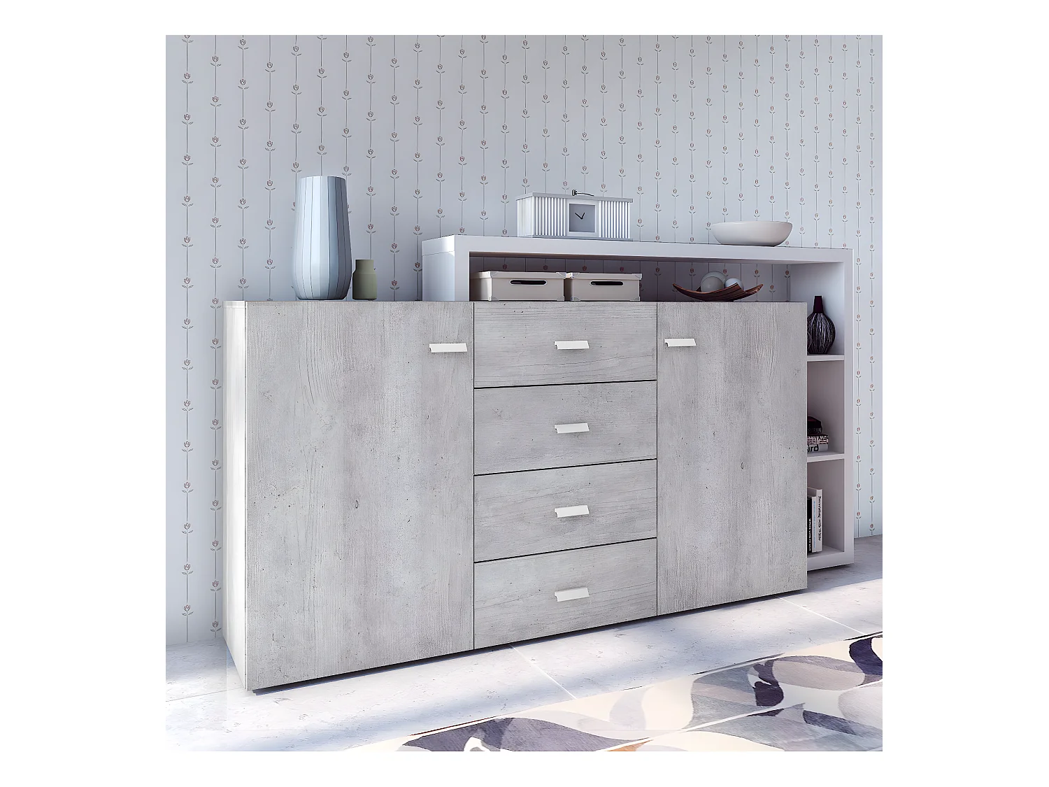 Buffet 2 portes 4 tiroirs Ilyes Blanc et Béton