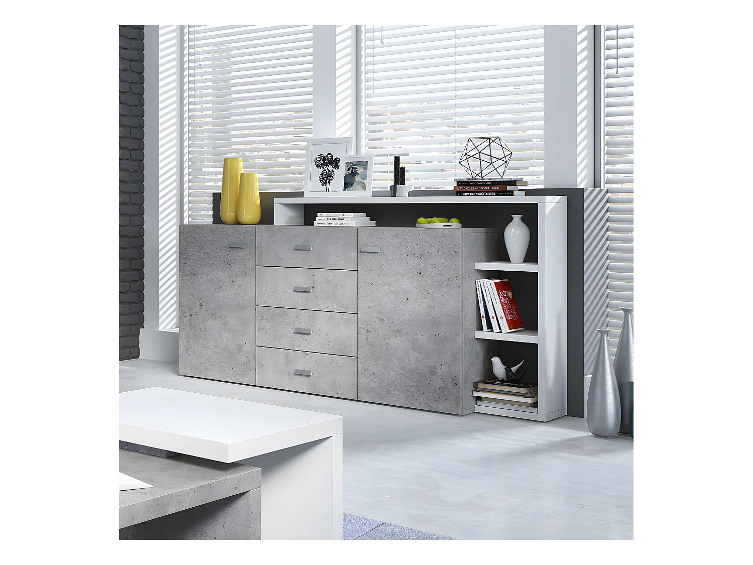 Buffet 2 portes 4 tiroirs Ilyes Blanc et Béton