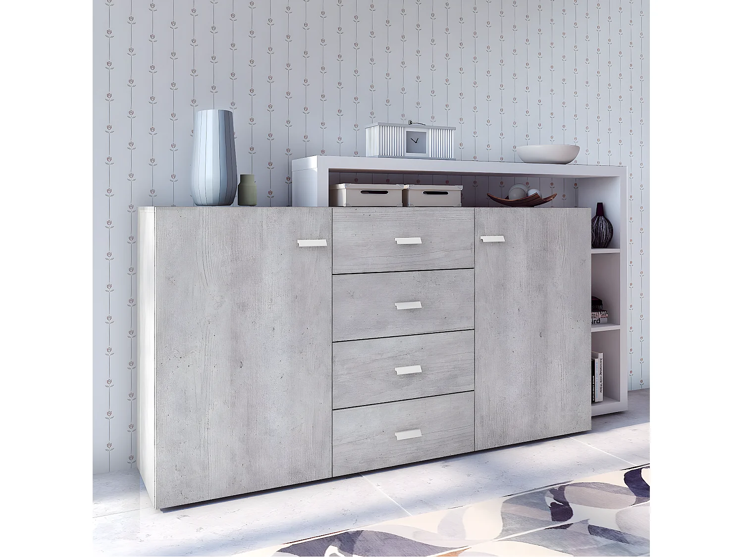 Buffet 2 portes 4 tiroirs Ilyes Blanc et Béton