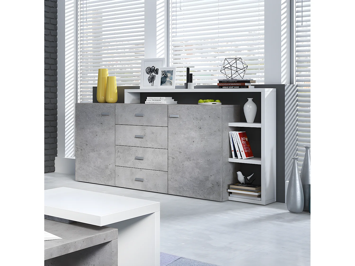 Buffet 2 portes 4 tiroirs Ilyes Blanc et Béton