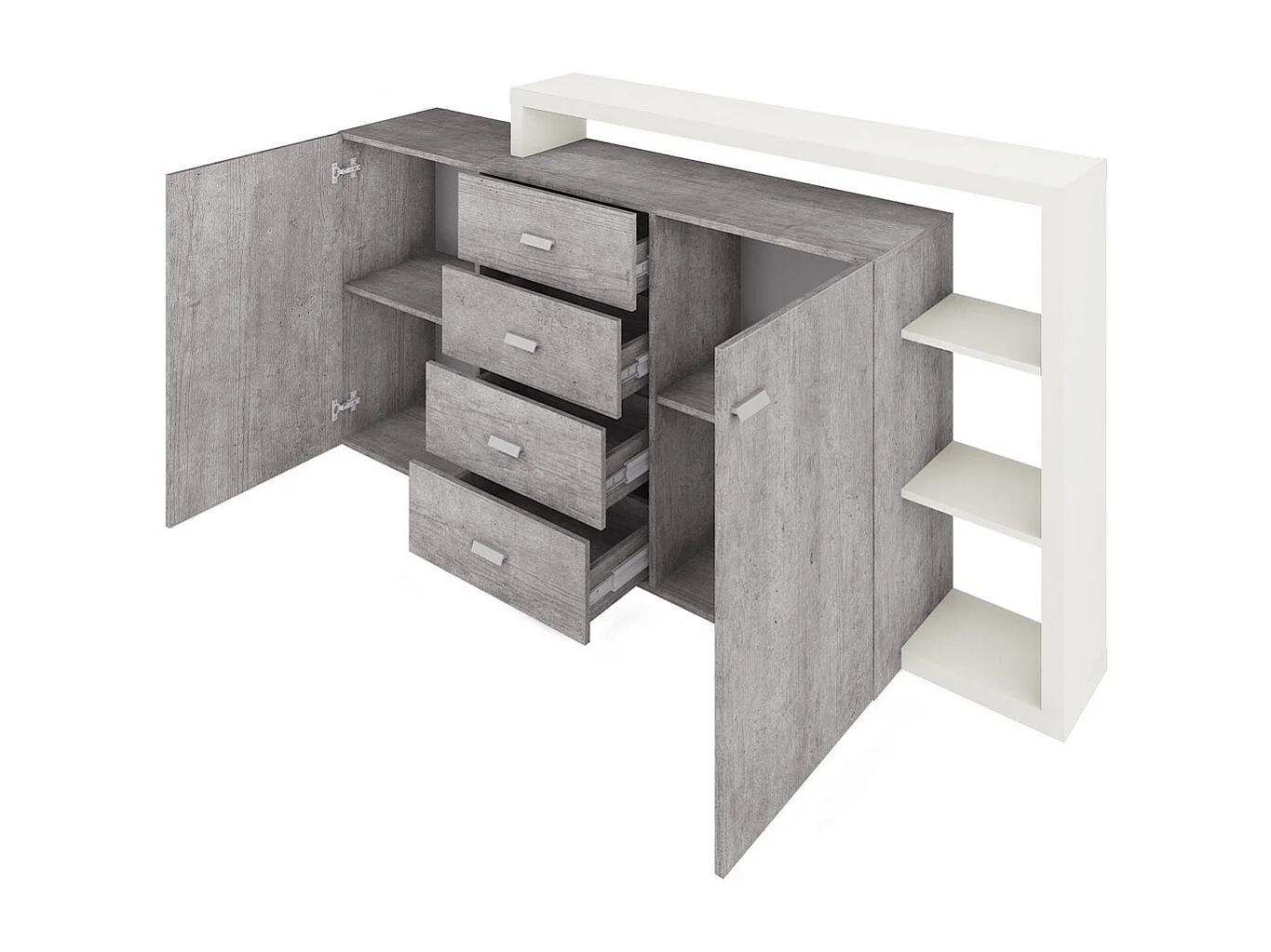 Buffet 2 ante 4 cassetti Ilyes bianco e cemento 98cm