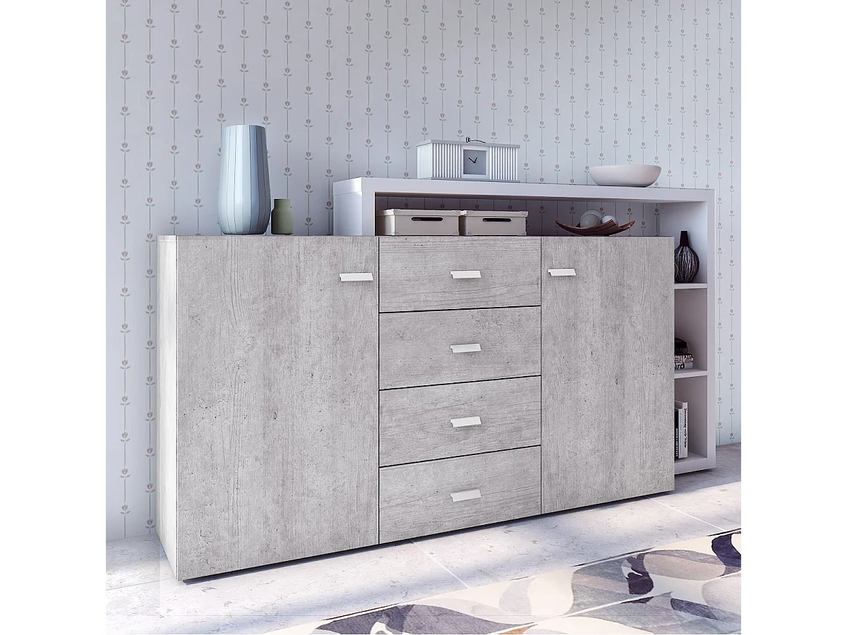 Buffet 2 ante 4 cassetti Ilyes bianco e cemento 98cm