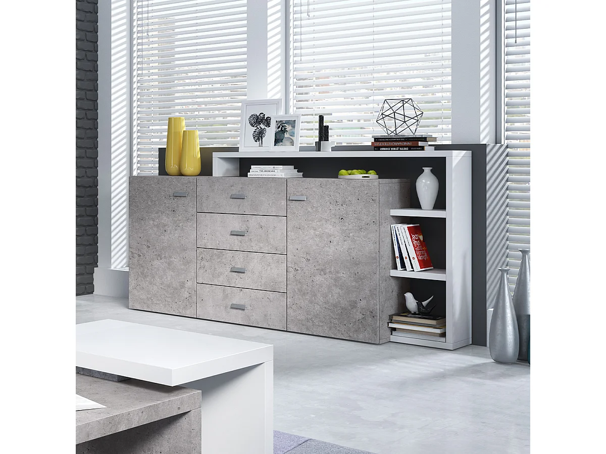 Buffet 2 ante 4 cassetti Ilyes bianco e cemento 98cm
