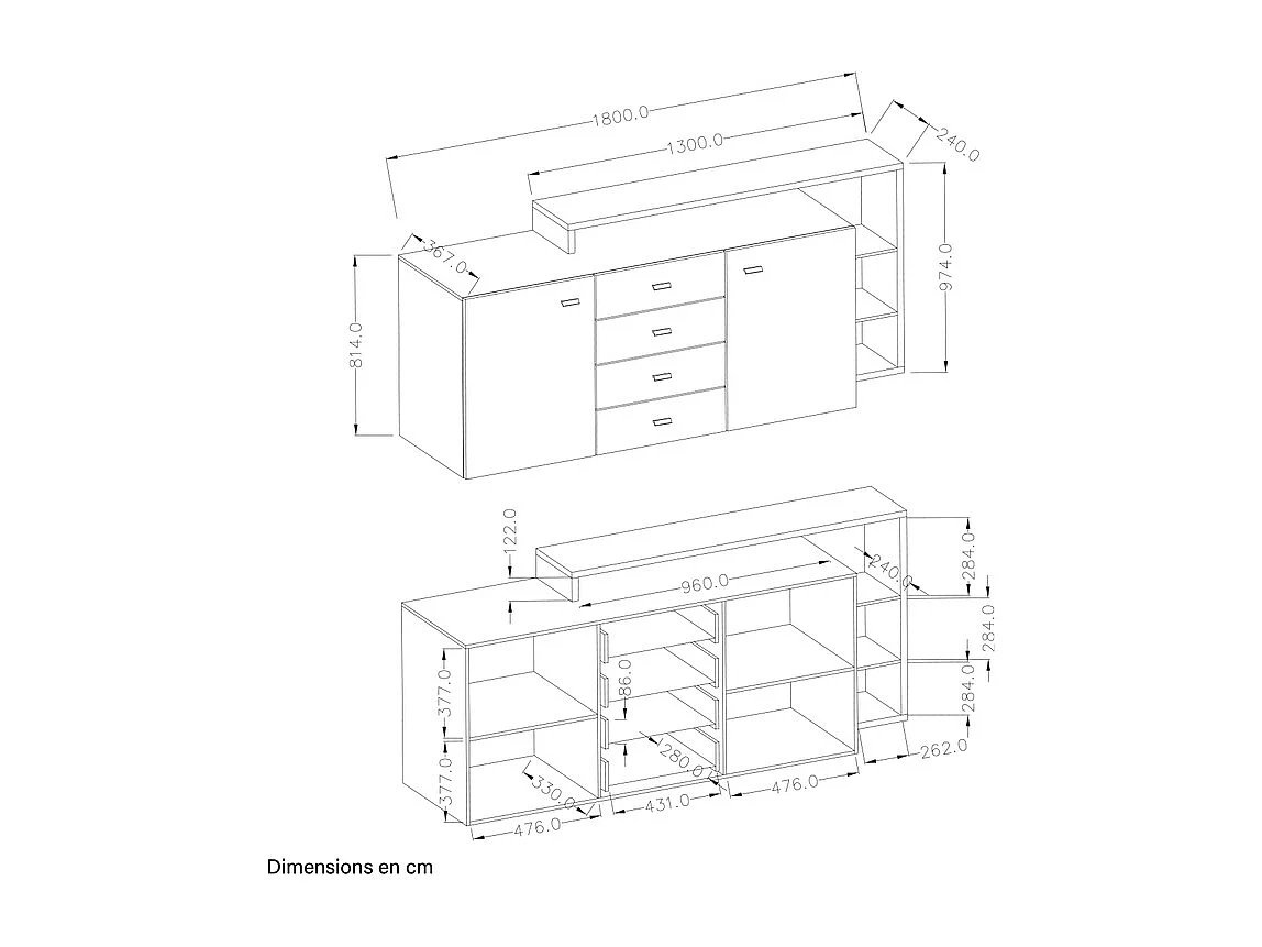 Buffet 2 ante 4 cassetti Ilyes bianco e cemento 98cm