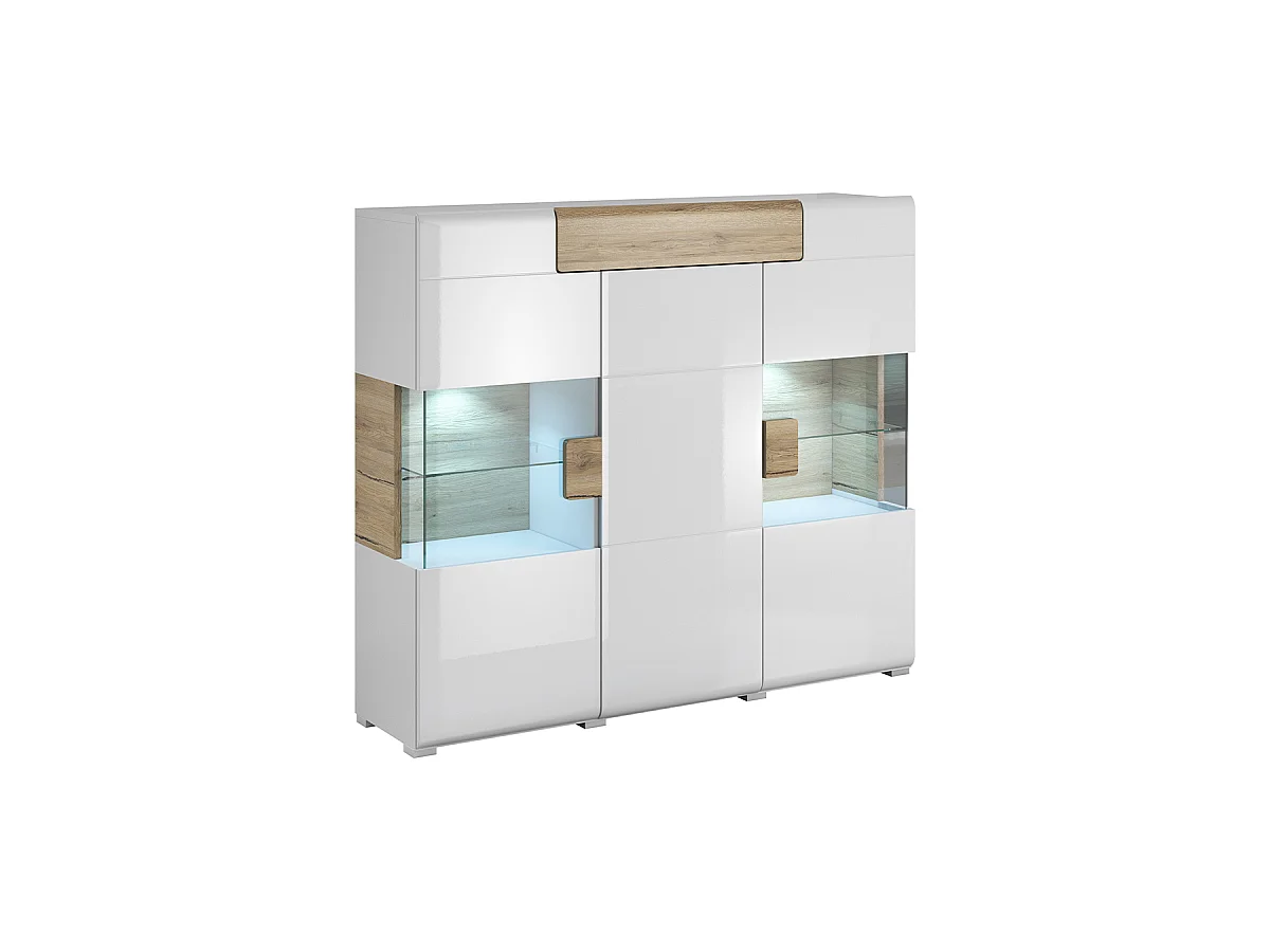 Buffet haut 3 portes 1 tiroir avec LED Jules Blanc et Bois