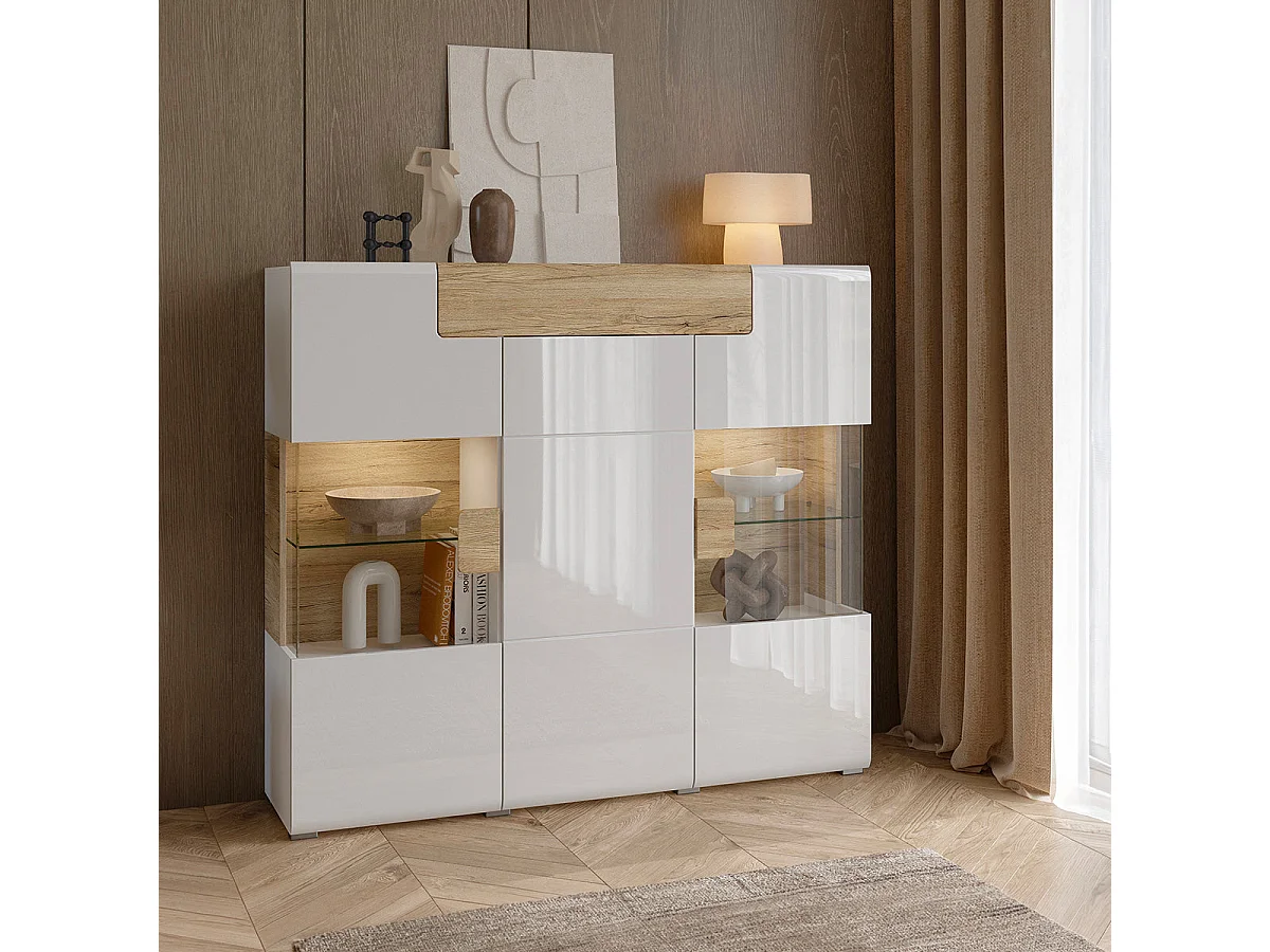 3-dørs 1-skuffe highboard med LED Jules White og Wood
