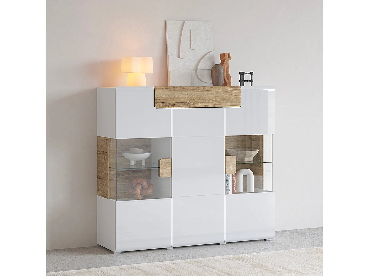 3-dørs 1-skuffe highboard med LED Jules White og Wood