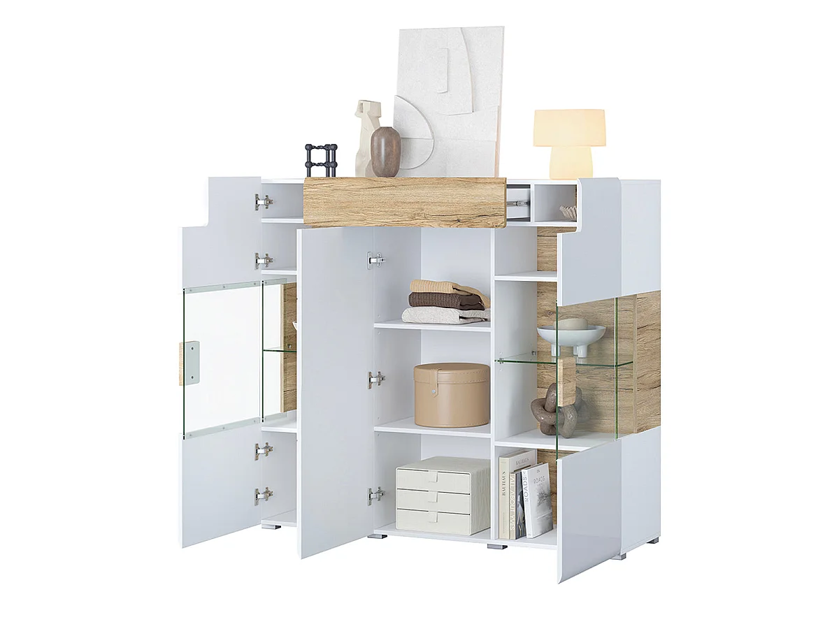 3-dørs 1-skuffe highboard med LED Jules White og Wood