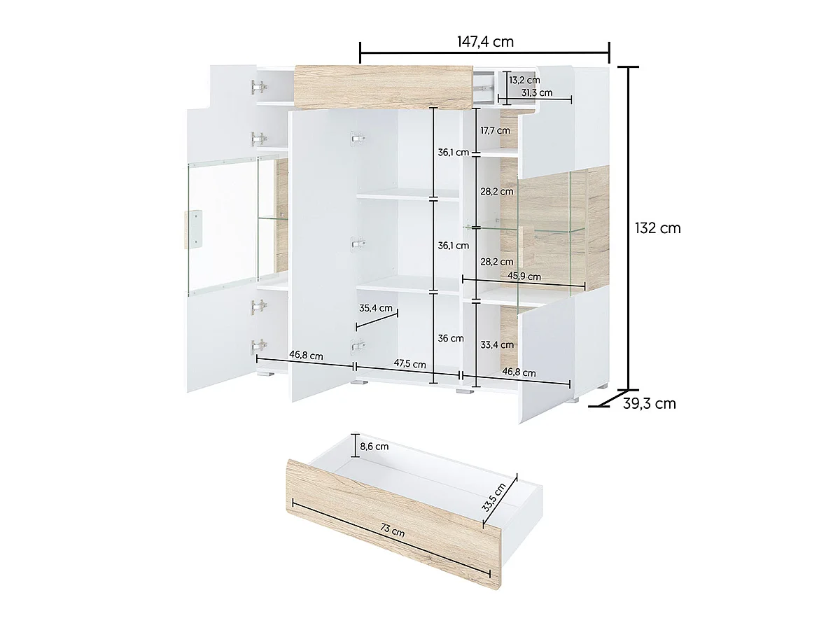 3-dørs 1-skuffe highboard med LED Jules White og Wood