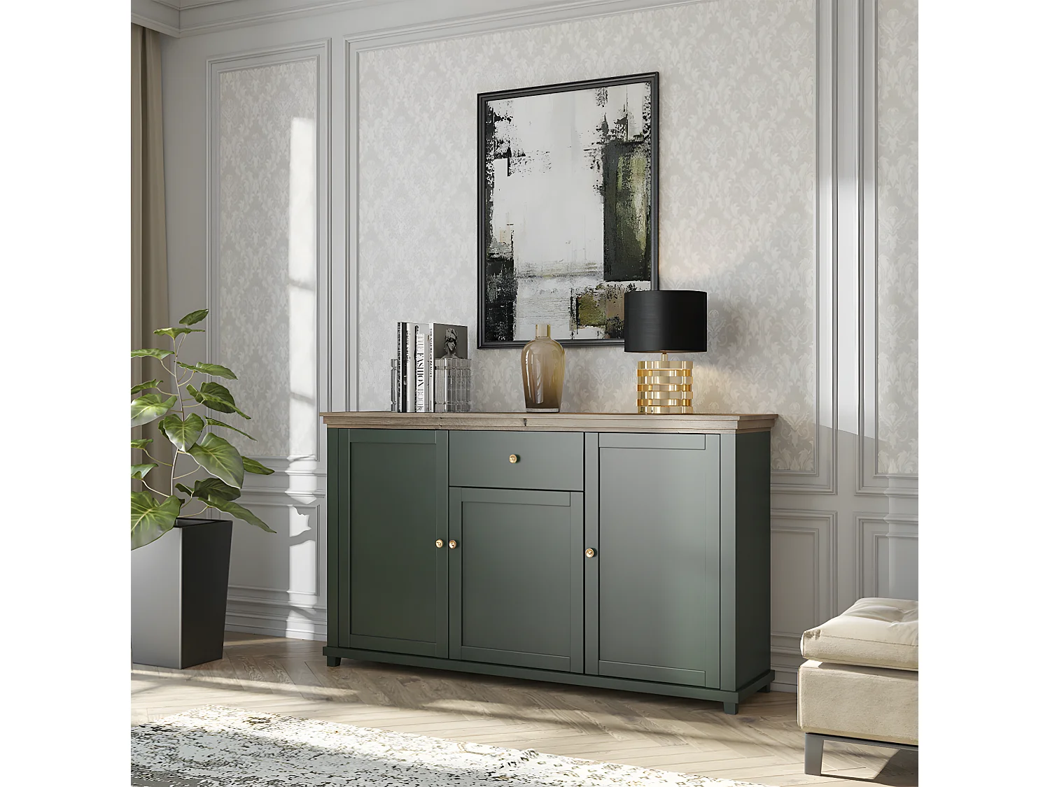 Aparador 3 portas 1 gaveta Martin verde e madeira 93cm