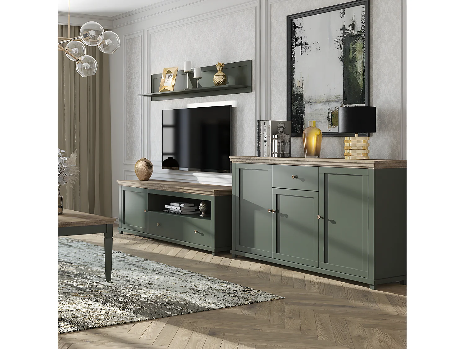 Aparador 3 portas 1 gaveta Martin verde e madeira 93cm