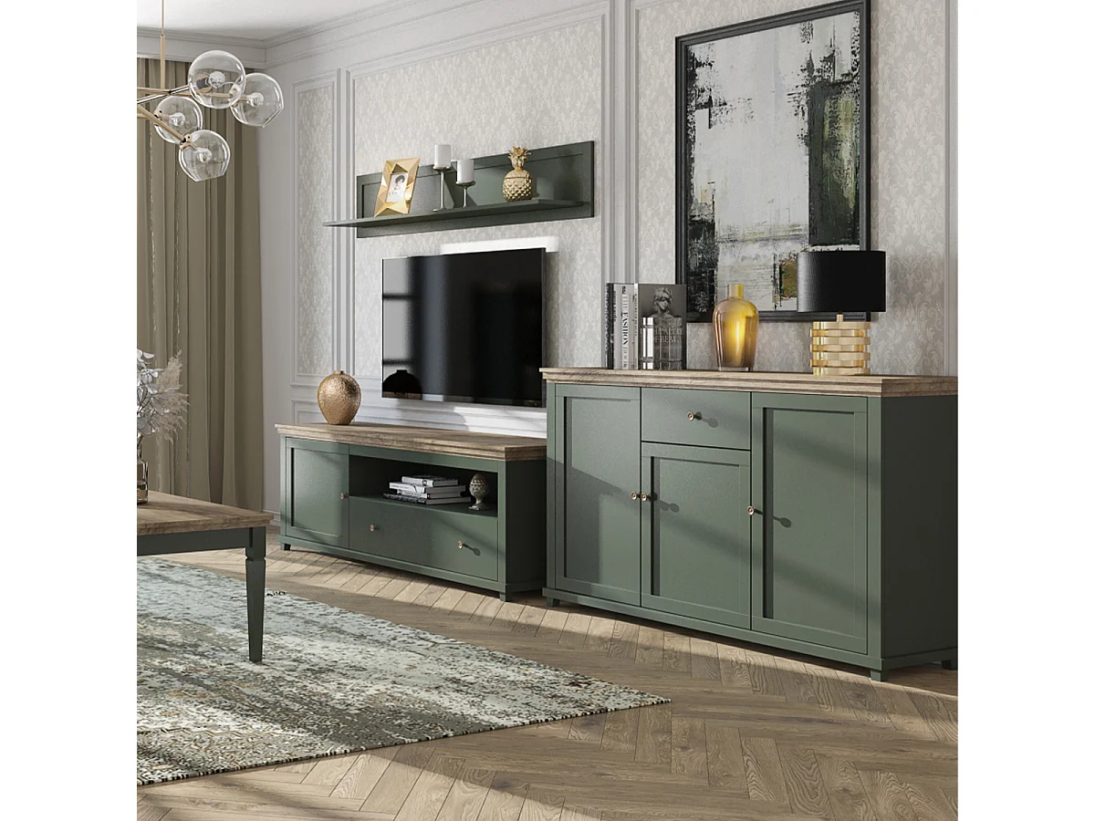 Buffet 3 portes 1 tiroir Martin Vert et Bois