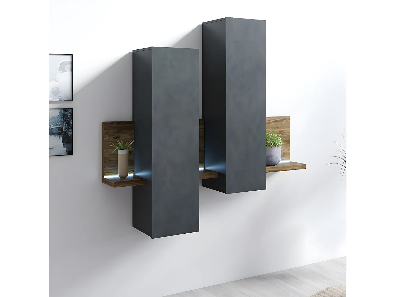 Étagère et armoire murale 150 cm Ilyes Gris et Bois