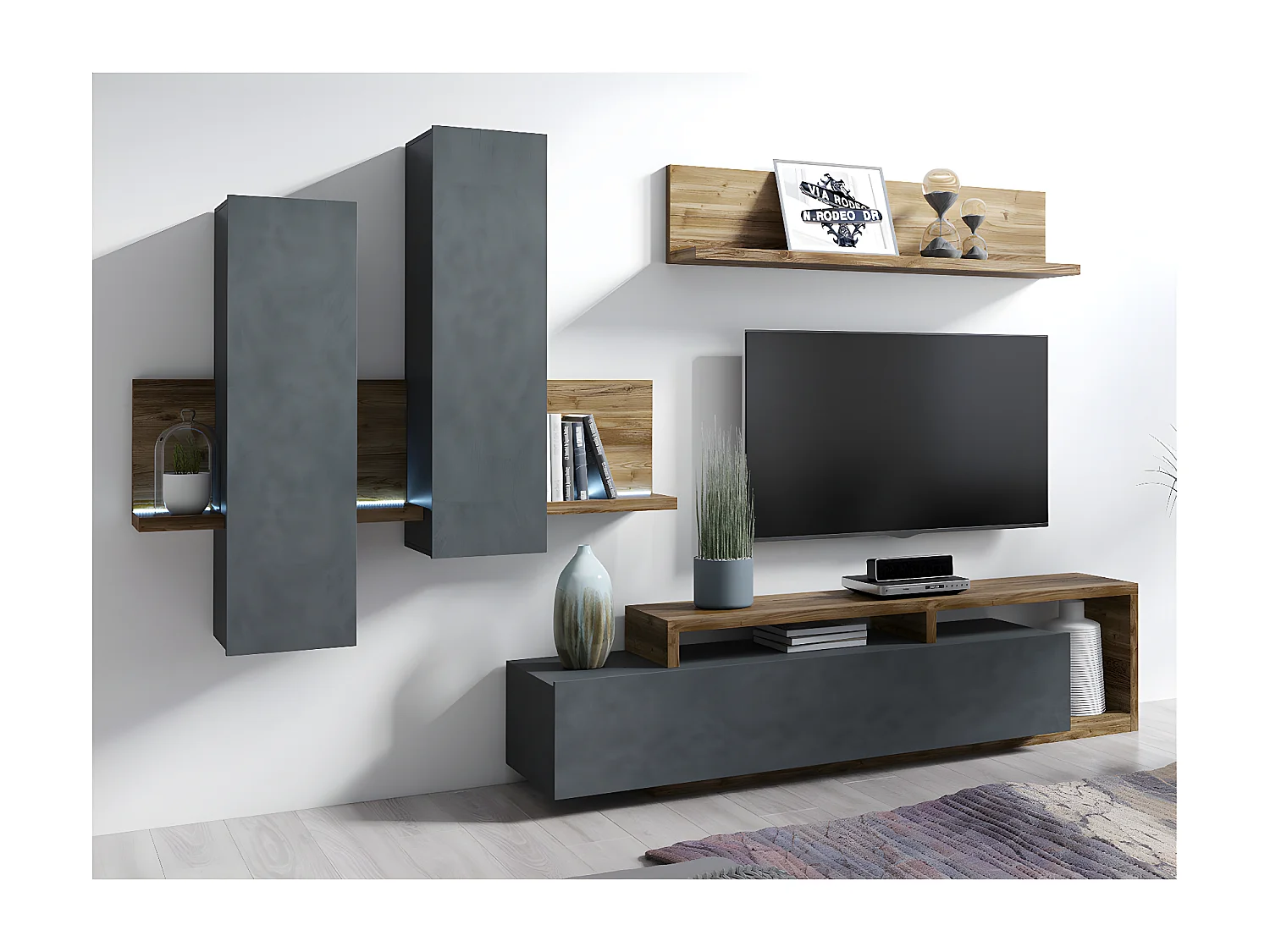 Étagère et armoire murale 150 cm Ilyes Gris et Bois