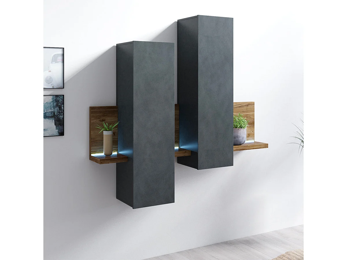 Ilyes Grey and Wood shelf and wall cabinet 150 cm