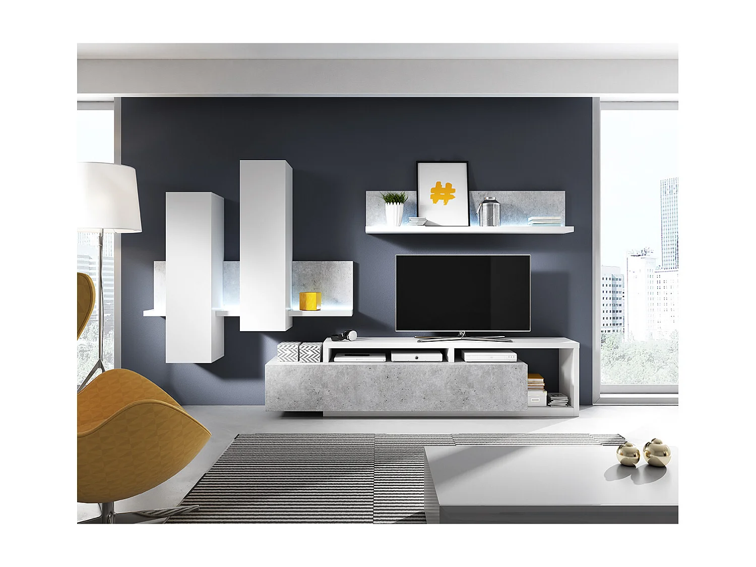 Étagère et armoire murale 150 cm Ilyes Blanc et Béton