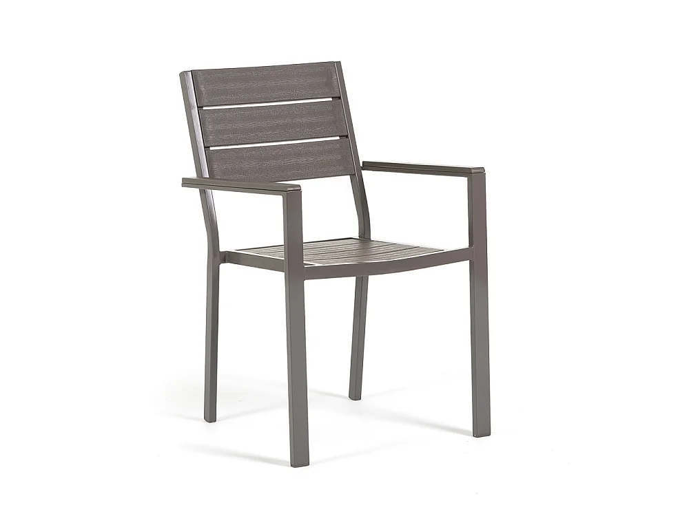 Set de 6 chaises d'extérieur, jardin, empilables avec accoudoirs, structure en acier peint et assise en polyéthylène à lames effet bois - Adele- Taupe
