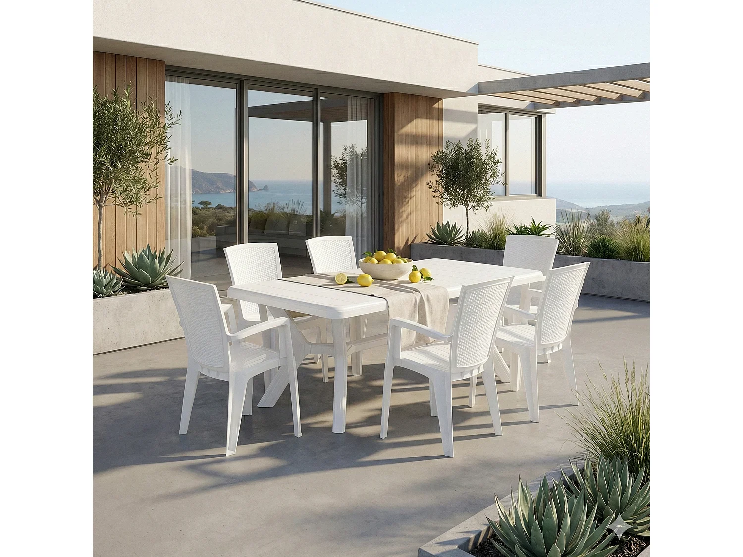 Lot repas de jardin, table rectangulaire en résine Samuel, 6 chaises en résine monobloc empilables effet rotin Diana - Blanc/Blanc
