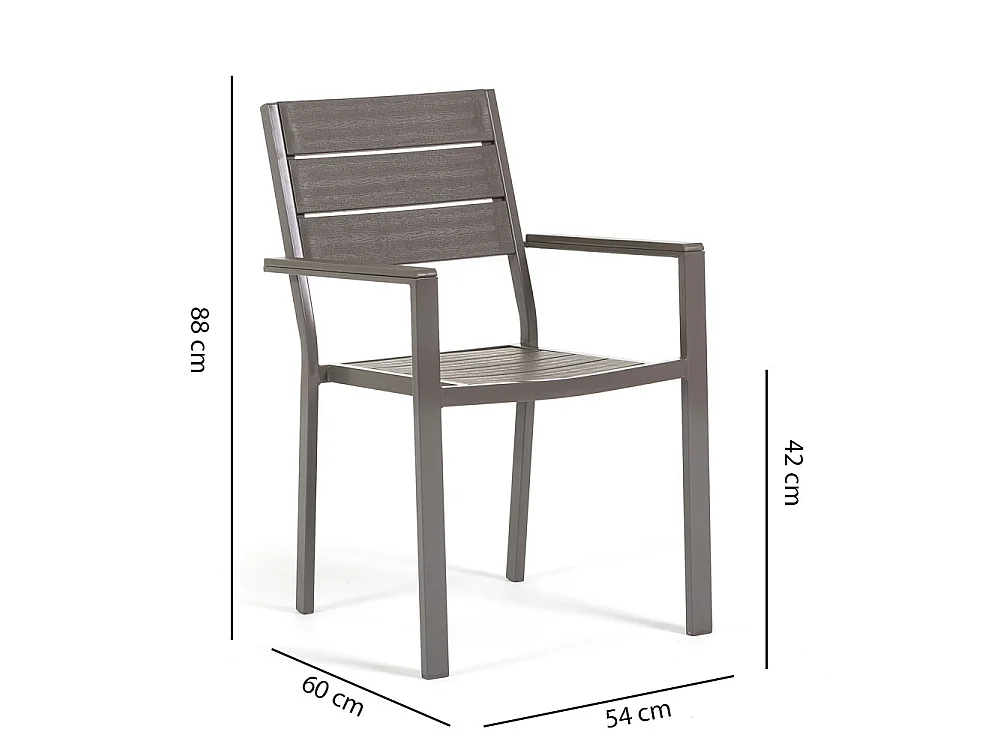 Set de 4 chaises d'extérieur, jardin, empilables avec accoudoirs, structure en acier peint et assise en polyéthylène à lames effet bois - Adele- Taupe