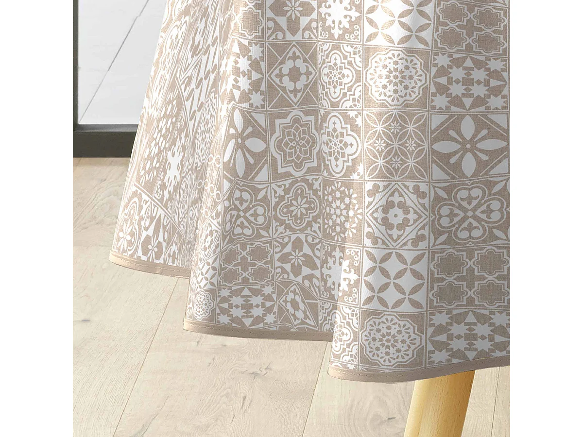 Nappe Toile Cirée Ronde "Carella" 160cm Beige & Blanc
