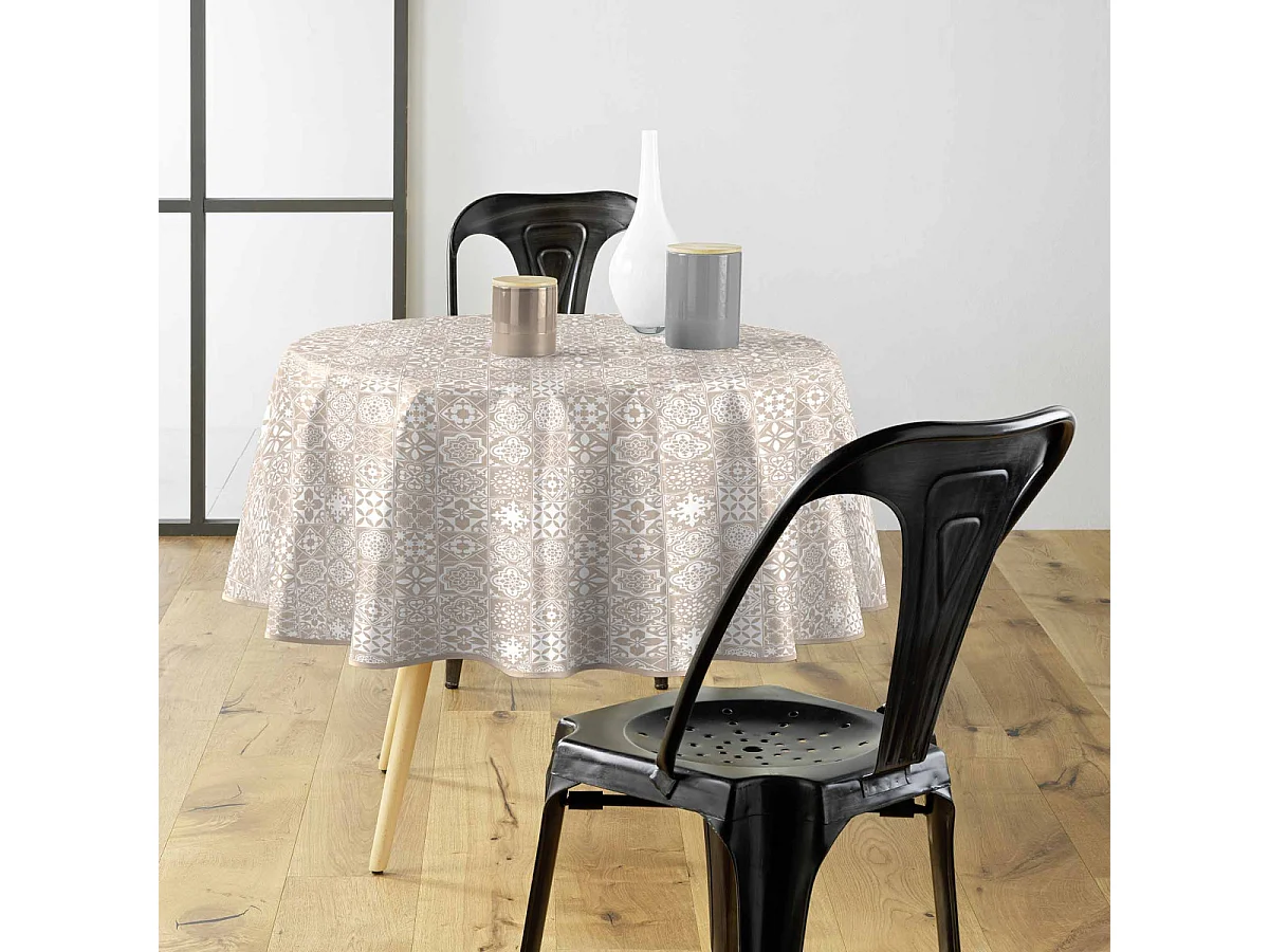 Nappe Toile Cirée Ronde "Carella" 160cm Beige & Blanc