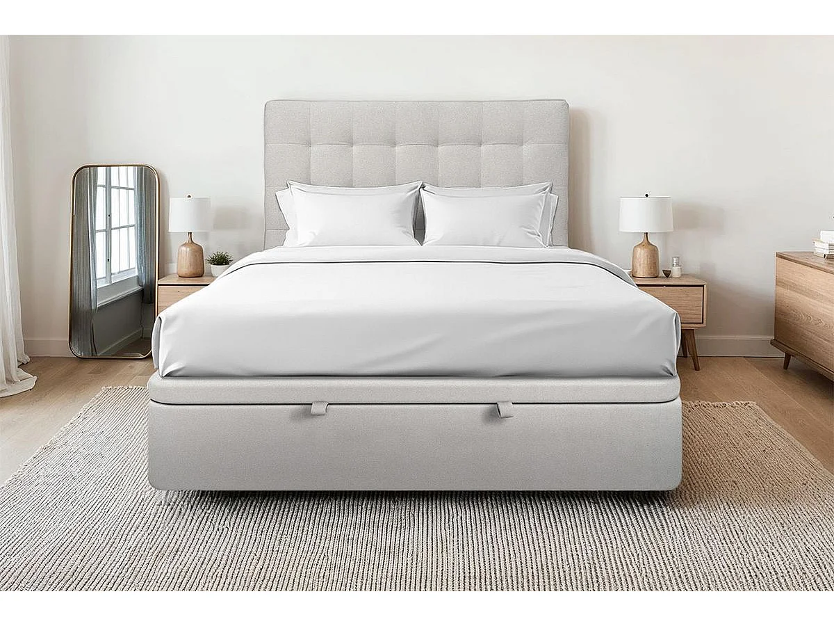 Lit coffre 140x190cm avec tête de lit capitonnée Velours Gris clair - Hauteur totale : 39cm