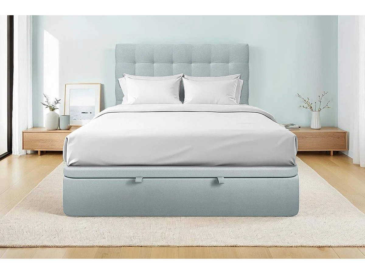 Lit coffre 180x200cm avec tête de lit capitonnée Velours Gris bleuté - Hauteur totale : 39cm