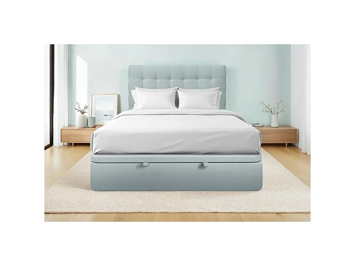Lit coffre 140x200cm avec tête de lit capitonnée Velours Gris bleuté - Hauteur totale : 39cm