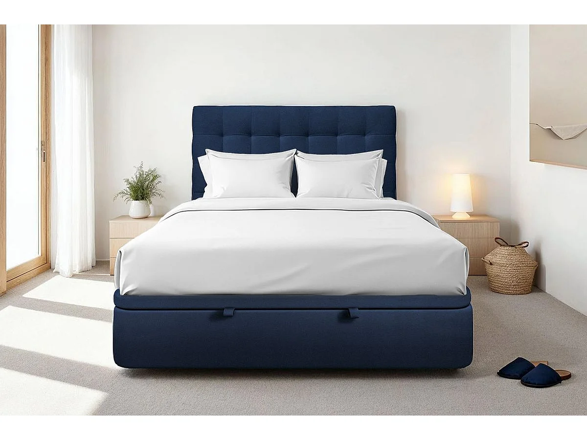 Lit coffre 140x190cm avec tête de lit capitonnée Velours Bleu - Hauteur totale : 39cm