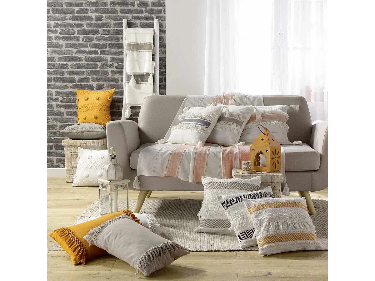 Coussin Déco à Pompons "Alenia" 40x40cm Lin