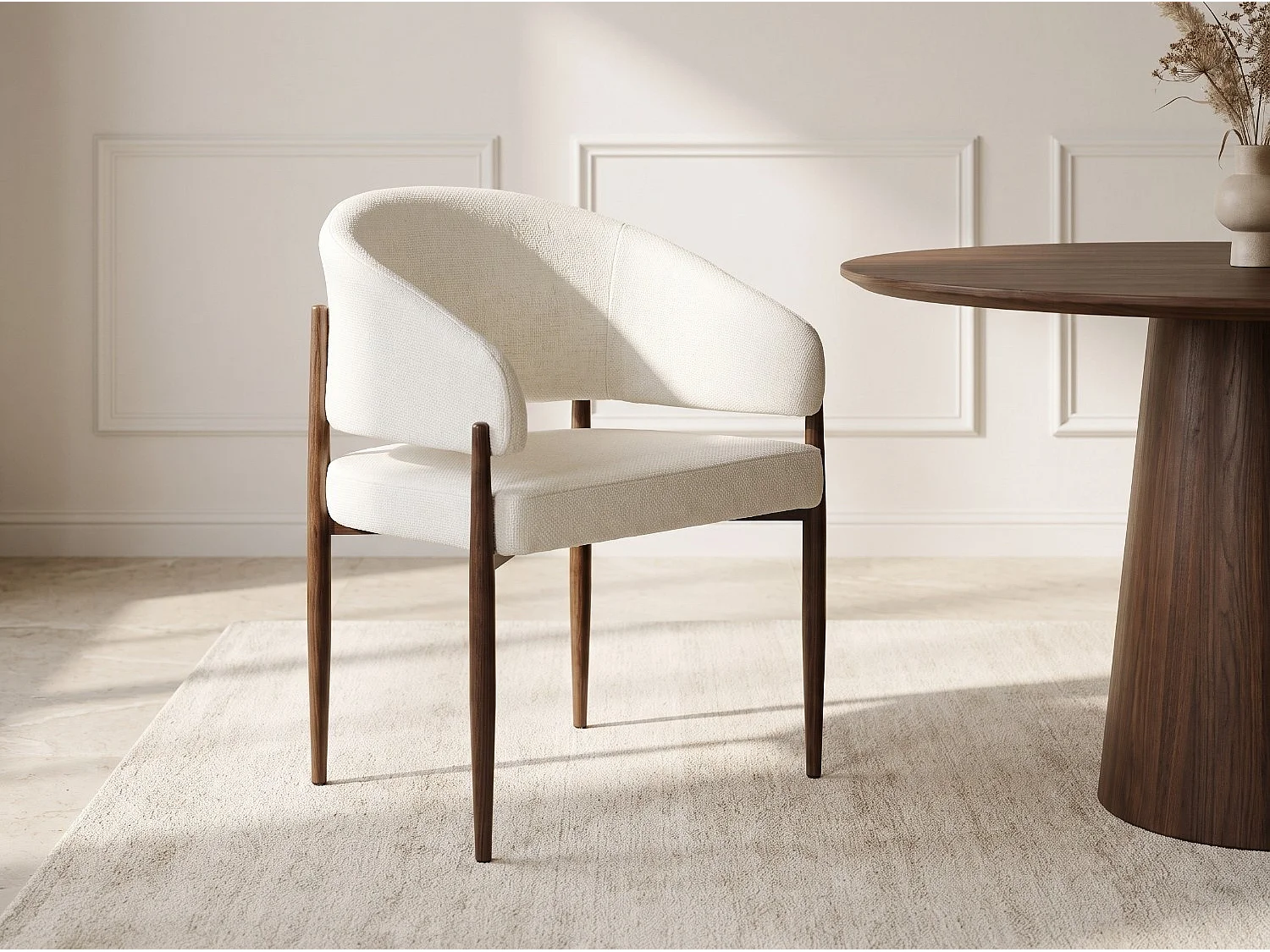 Lot de 6 chaises de salle à manger Charlie - Tissu Chenille Déperlant Blanc Cassé / Pieds finition Noyer
