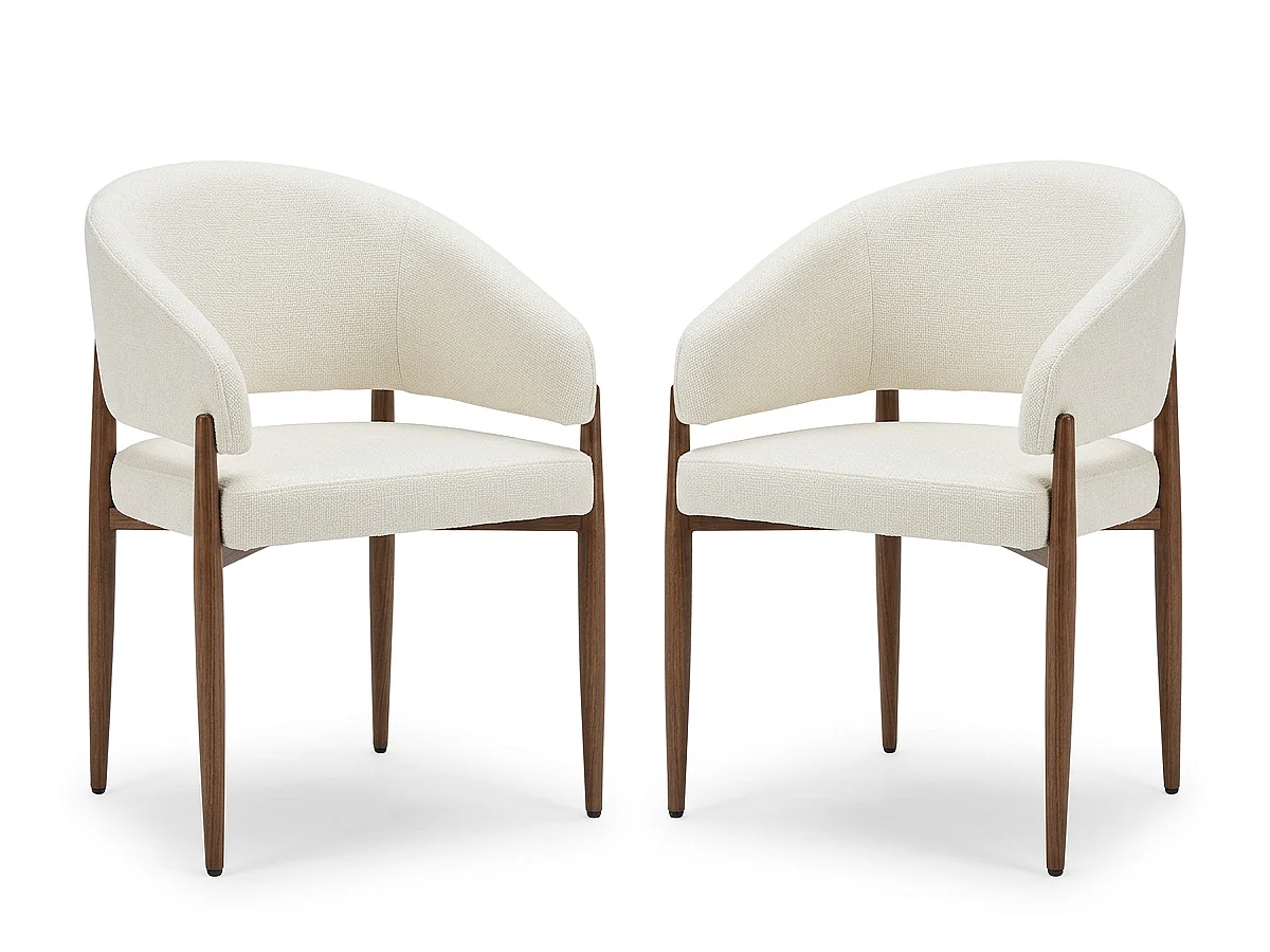 Lot de 6 chaises de salle à manger Charlie - Tissu Chenille Déperlant Blanc Cassé / Pieds finition Noyer