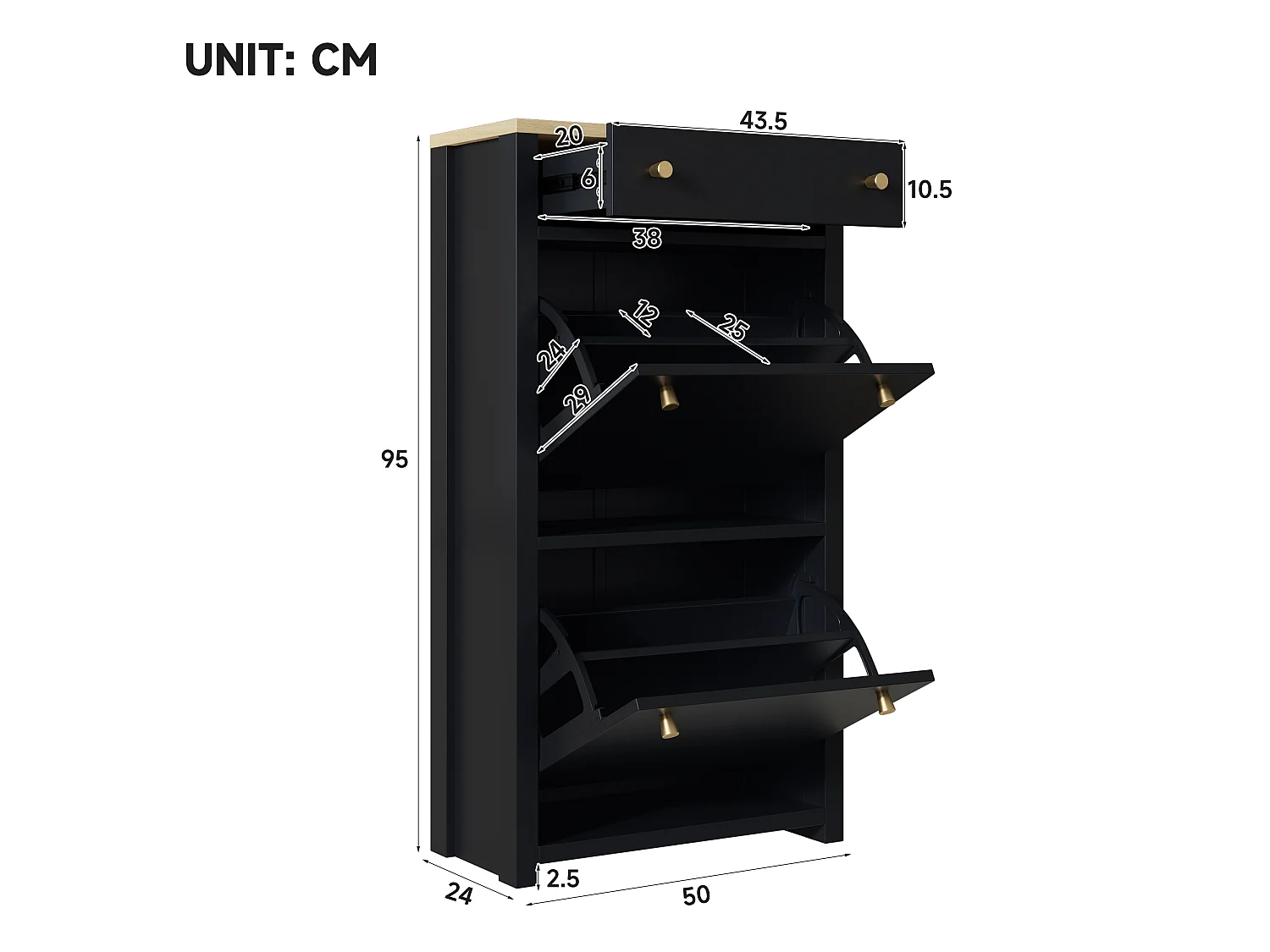Meuble à chaussures 2 portes abattantes avec tiroir et étagères réglables – MDF – 50 x 25 x 95 cm – Noir aspect bois