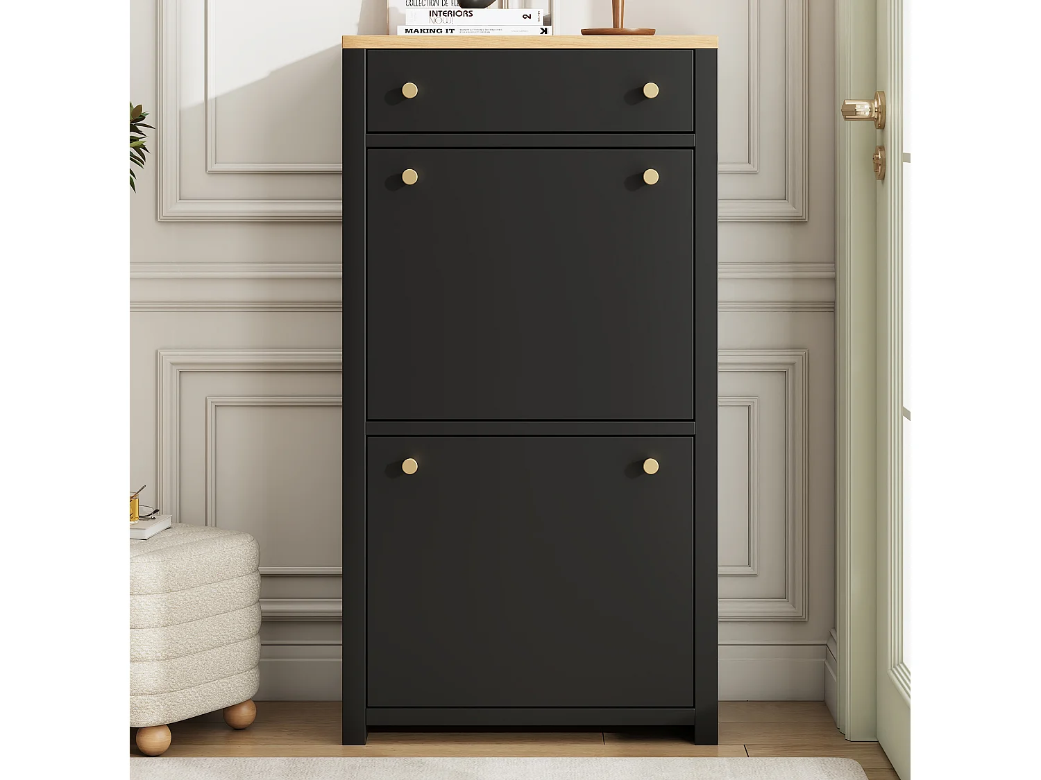 Meuble à chaussures 2 portes abattantes avec tiroir et étagères réglables – MDF – 50 x 25 x 95 cm – Noir aspect bois