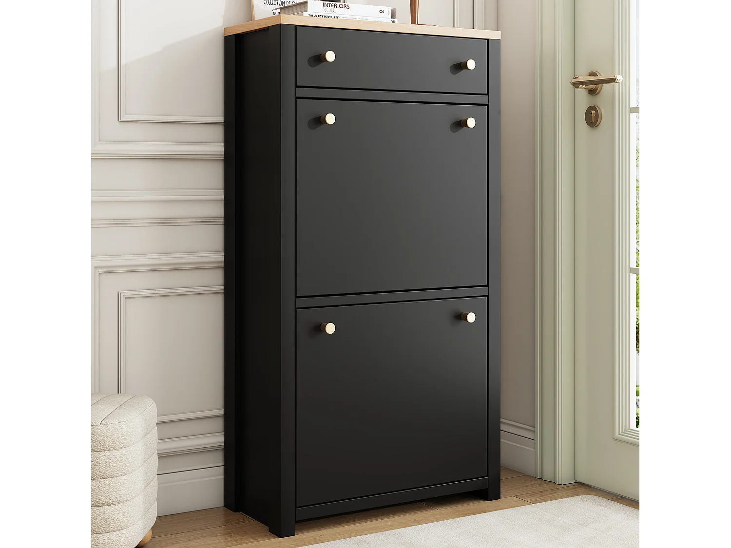 Meuble à chaussures 2 portes abattantes avec tiroir et étagères réglables – MDF – 50 x 25 x 95 cm – Noir aspect bois