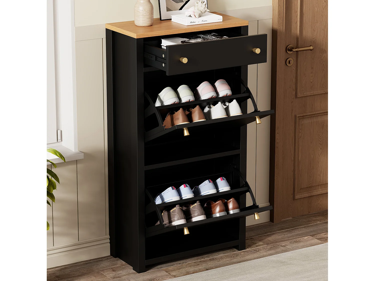 Meuble à chaussures 2 portes abattantes avec tiroir et étagères réglables – MDF – 50 x 25 x 95 cm – Noir aspect bois