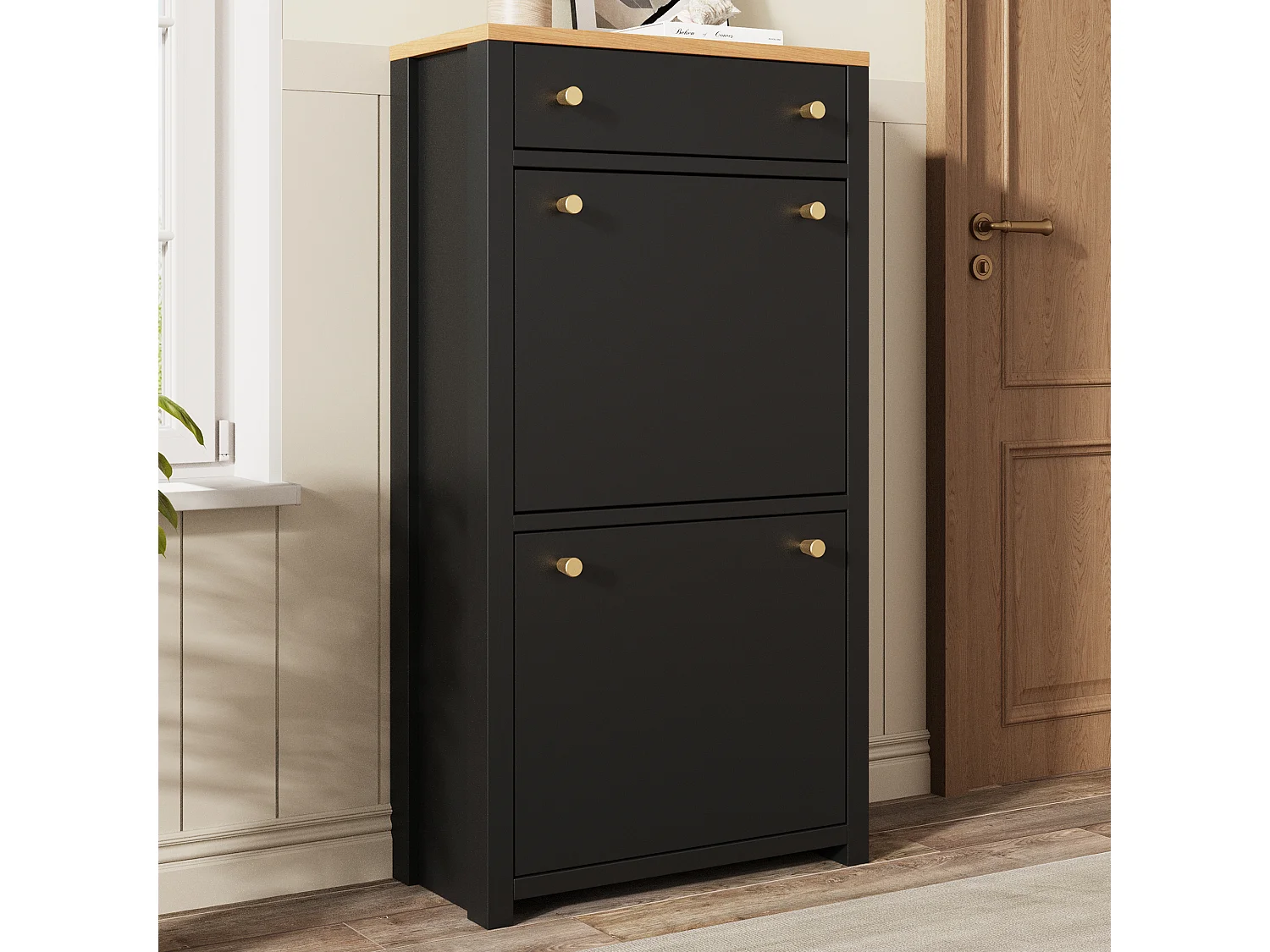 Meuble à chaussures 2 portes abattantes avec tiroir et étagères réglables – MDF – 50 x 25 x 95 cm – Noir aspect bois