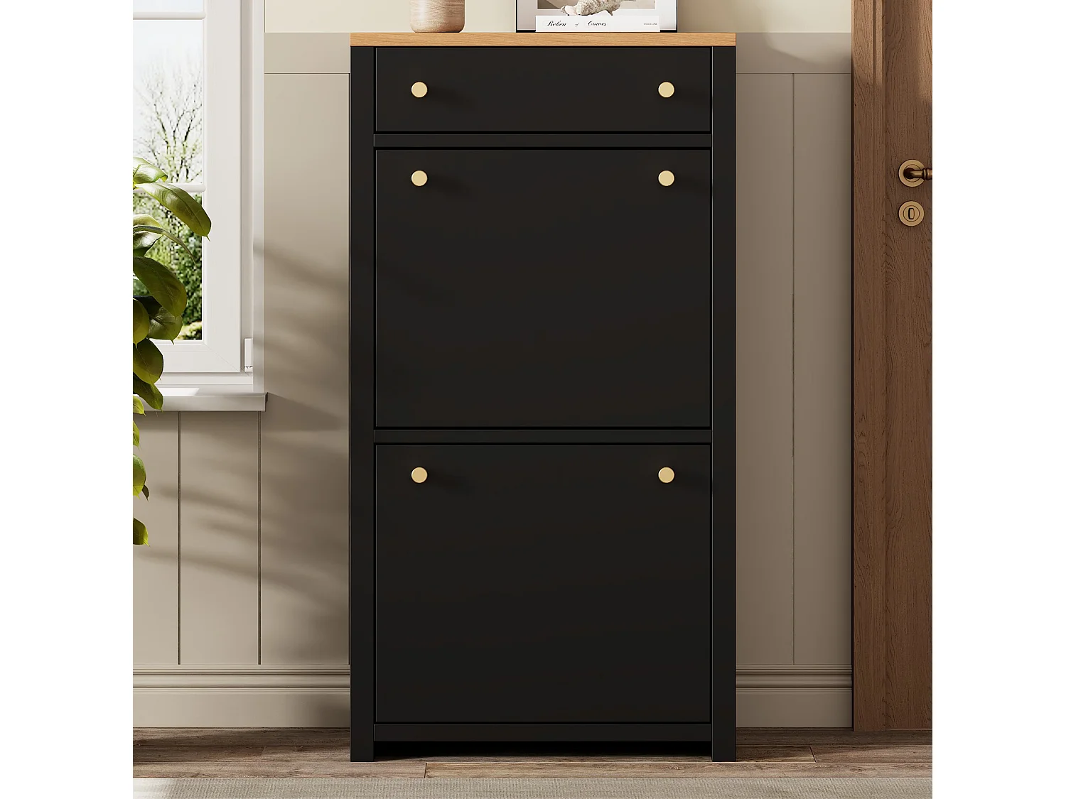 Meuble à chaussures 2 portes abattantes avec tiroir et étagères réglables – MDF – 50 x 25 x 95 cm – Noir aspect bois
