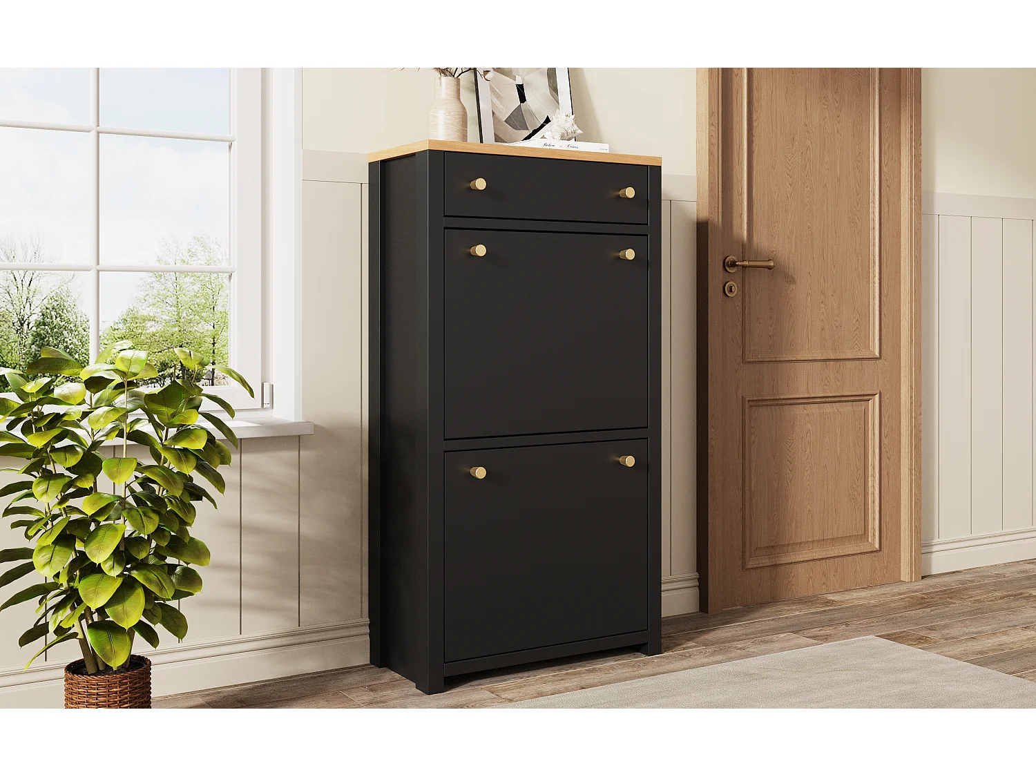 Meuble à chaussures 2 portes abattantes avec tiroir et étagères réglables – MDF – 50 x 25 x 95 cm – Noir aspect bois