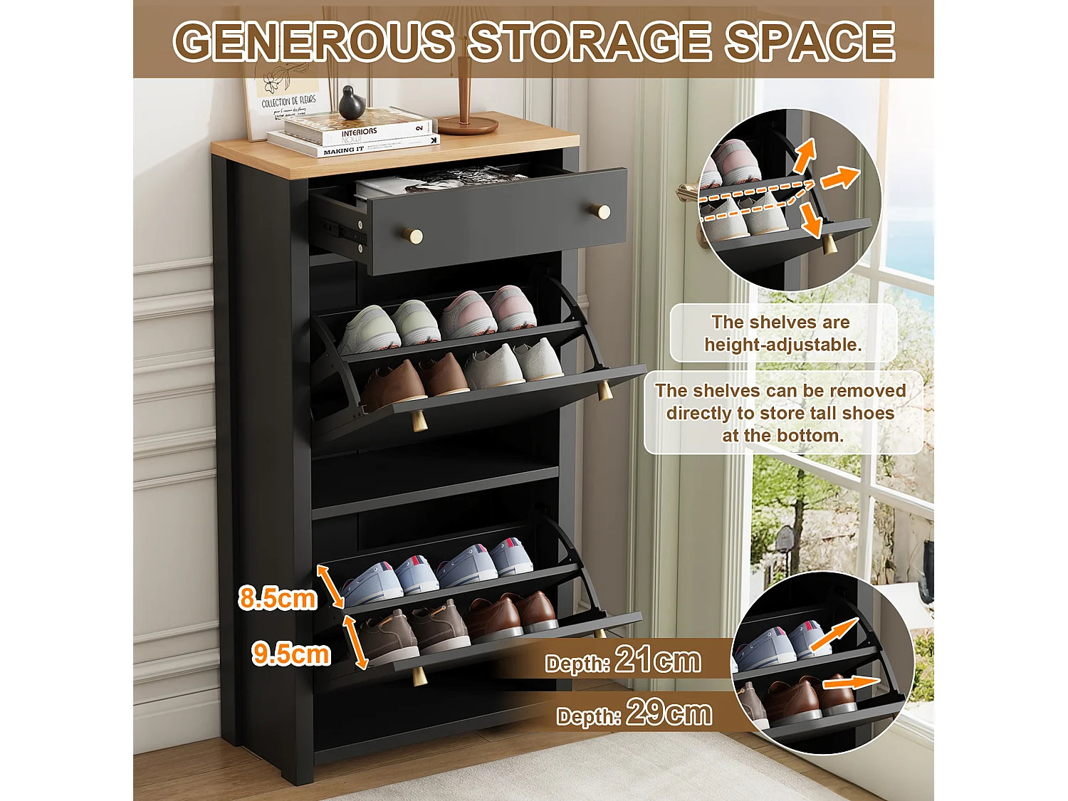 Meuble à chaussures 2 portes abattantes avec tiroir et étagères réglables – MDF – 50 x 25 x 95 cm – Noir aspect bois