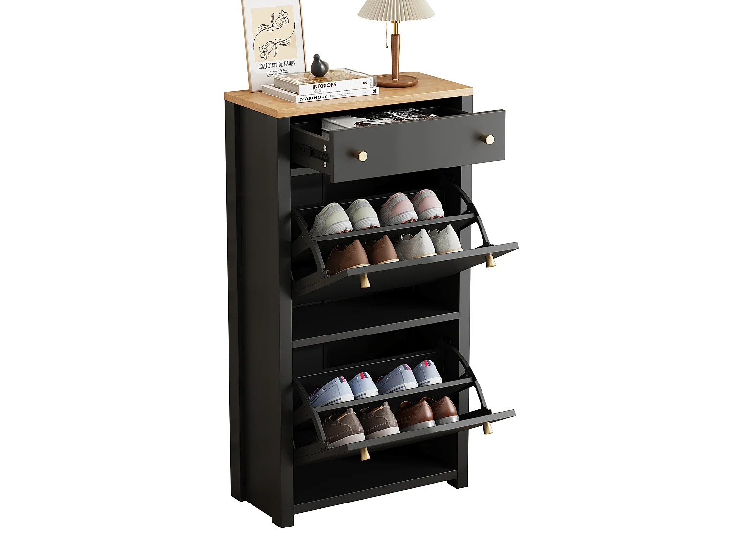 Meuble à chaussures 2 portes abattantes avec tiroir et étagères réglables – MDF – 50 x 25 x 95 cm – Noir aspect bois