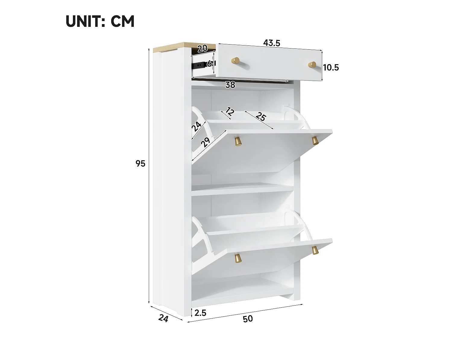 Schoenenkast met 2 neerklapbare deuren, lade en verstelbare planken – MDF – 50 x 25 x 95 cm – Wit houteffect