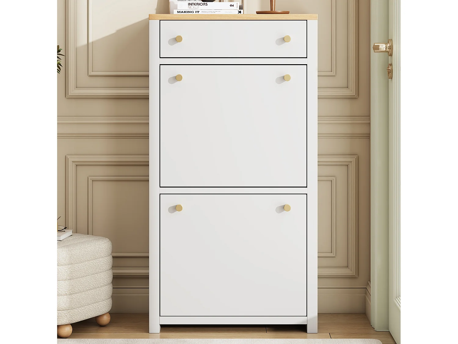 Schoenenkast met 2 neerklapbare deuren, lade en verstelbare planken – MDF – 50 x 25 x 95 cm – Wit houteffect