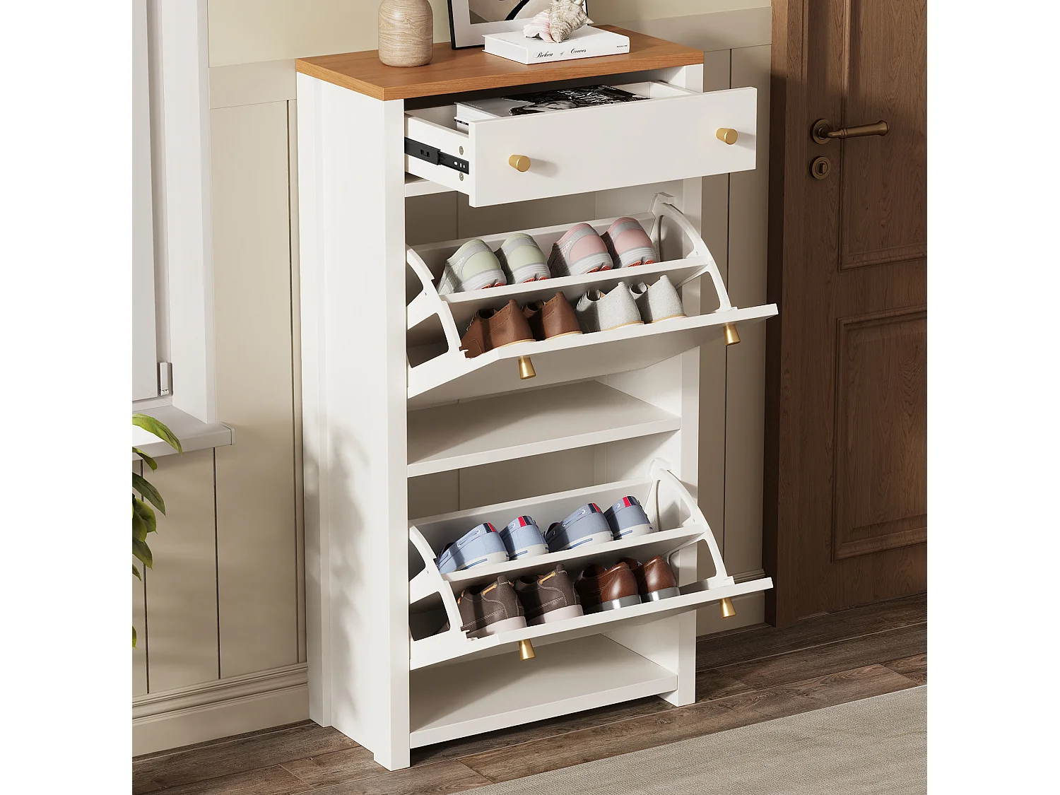 Schoenenkast met 2 neerklapbare deuren, lade en verstelbare planken – MDF – 50 x 25 x 95 cm – Wit houteffect