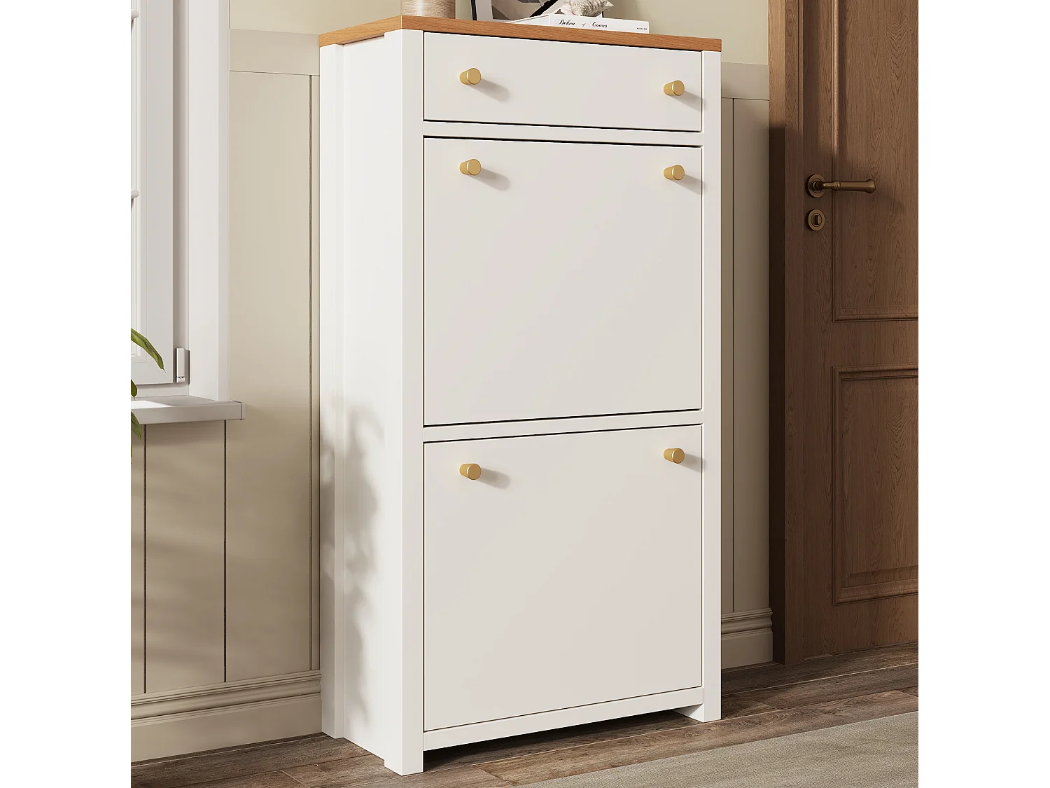 Schoenenkast met 2 neerklapbare deuren, lade en verstelbare planken – MDF – 50 x 25 x 95 cm – Wit houteffect