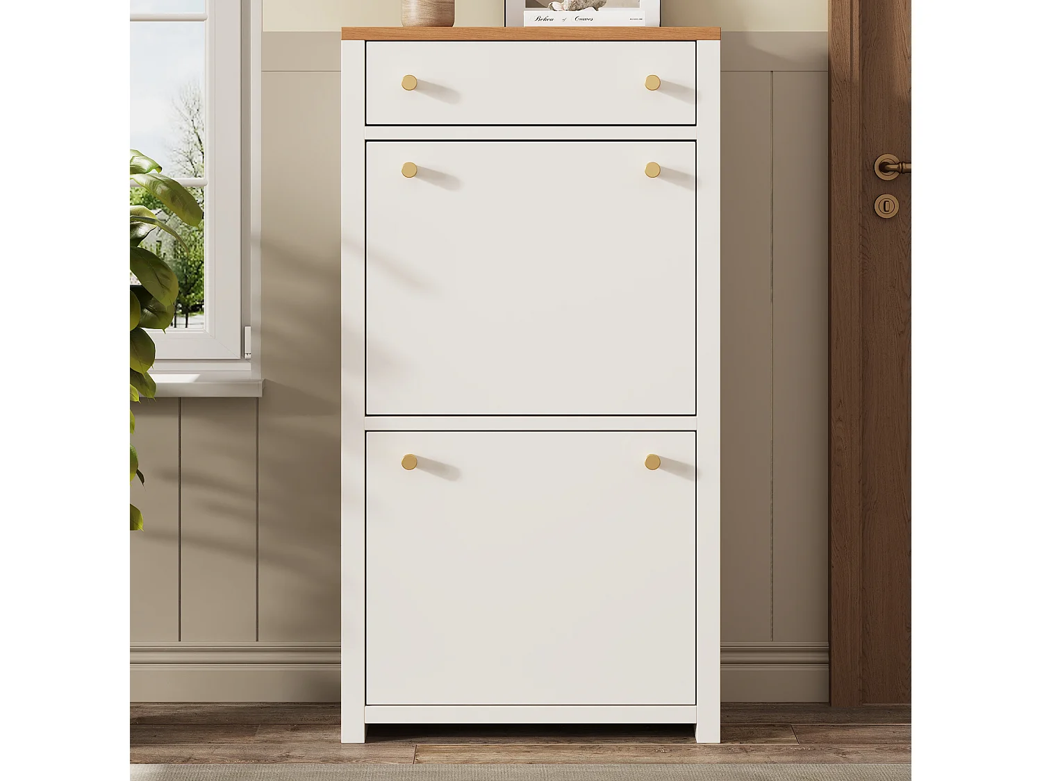 Schoenenkast met 2 neerklapbare deuren, lade en verstelbare planken – MDF – 50 x 25 x 95 cm – Wit houteffect