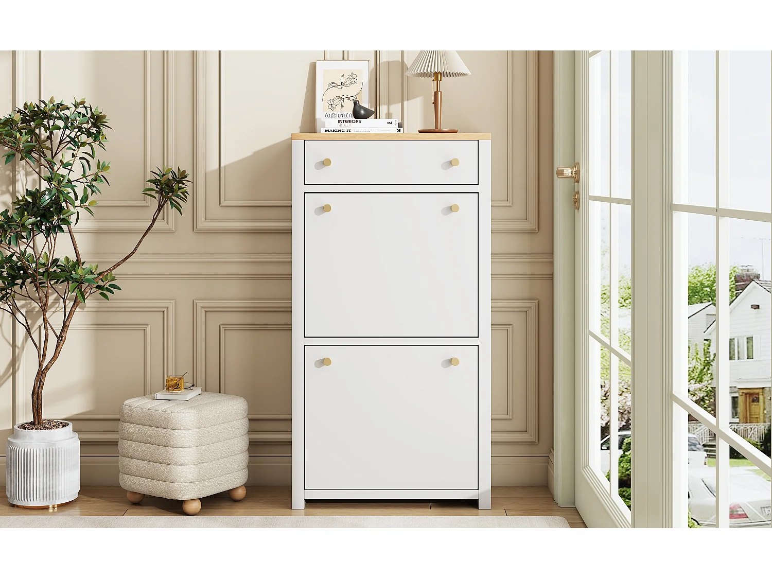 Schoenenkast met 2 neerklapbare deuren, lade en verstelbare planken – MDF – 50 x 25 x 95 cm – Wit houteffect