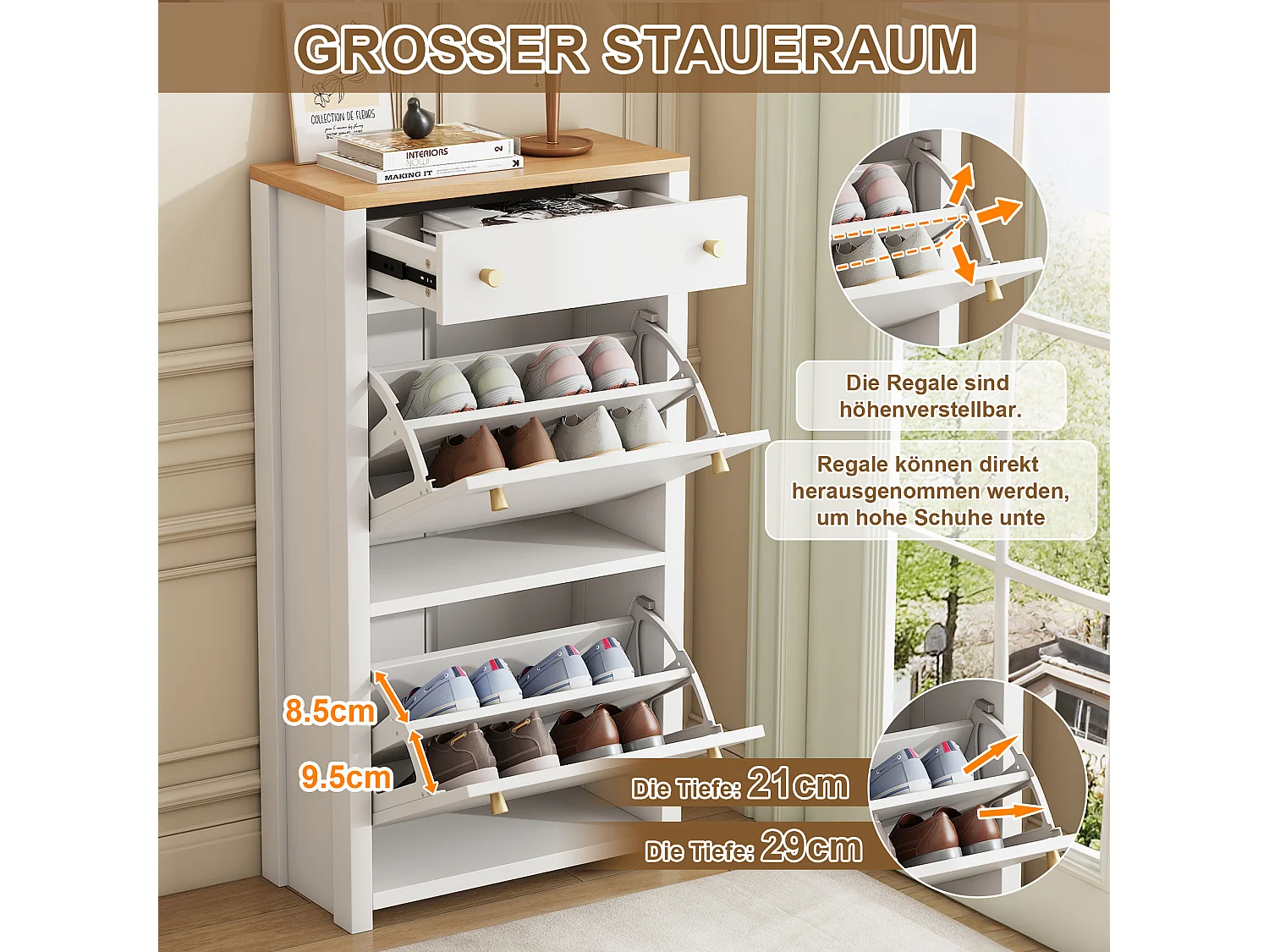 Schoenenkast met 2 neerklapbare deuren, lade en verstelbare planken – MDF – 50 x 25 x 95 cm – Wit houteffect